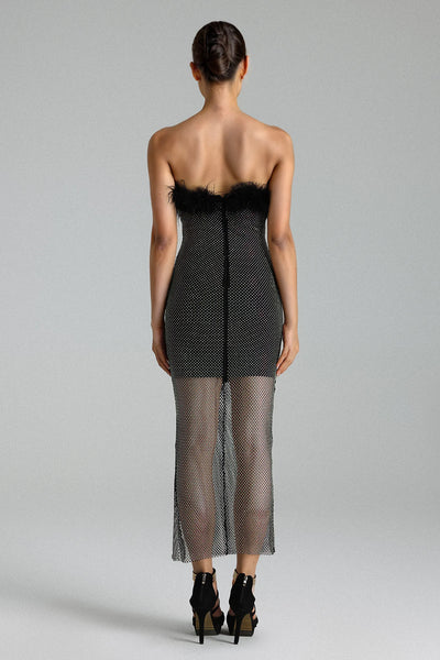 Perly Diamante Tüylü File Midi Elbise