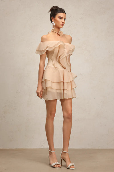 Quanne Omuz Açık Katmanlı Volanlı Mini Elbise