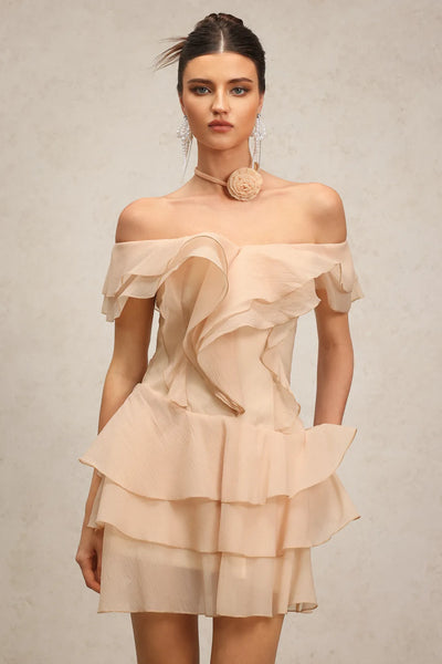 Quanne Omuz Açık Katmanlı Volanlı Mini Elbise