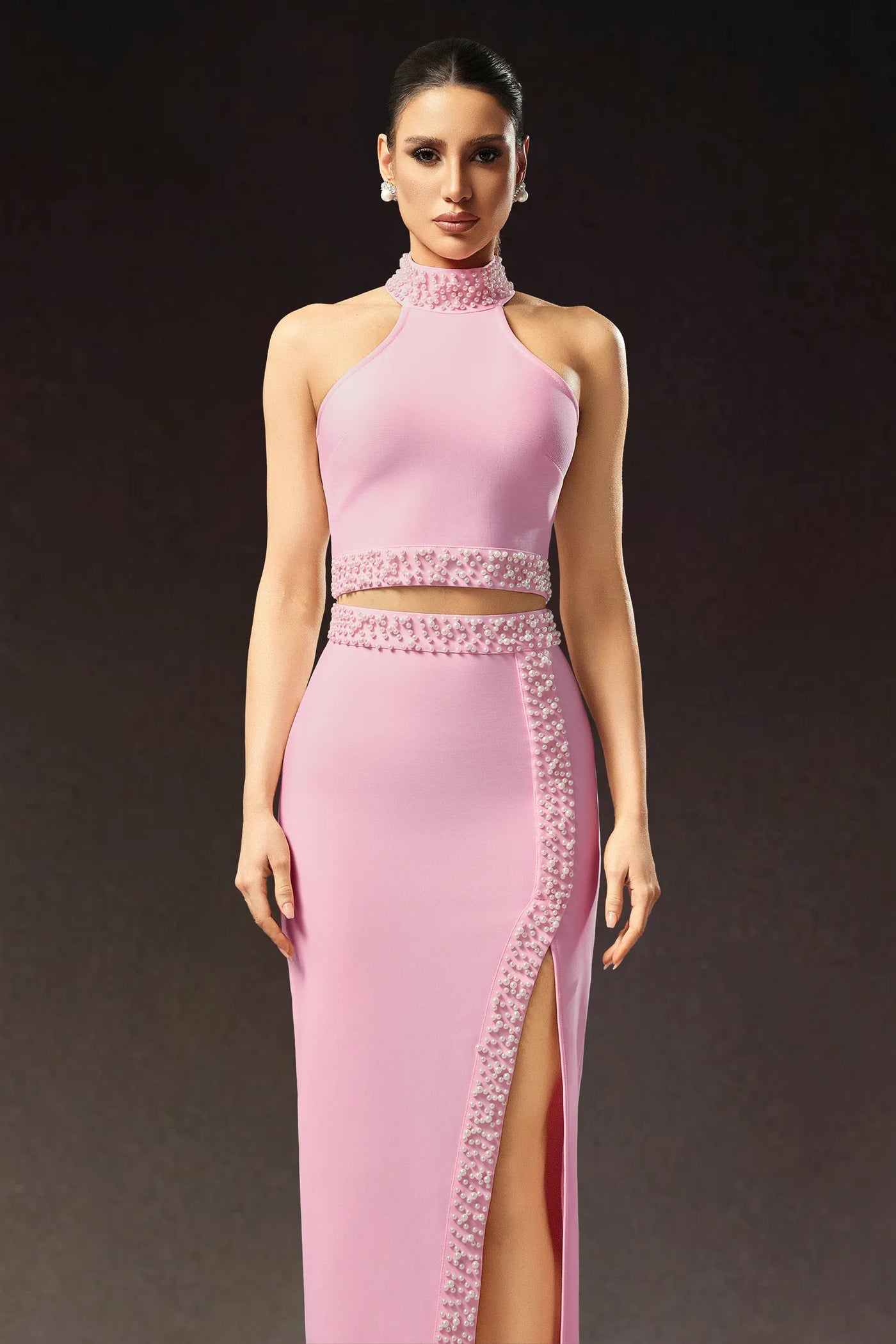 Fenby Halter Kolsuz Yırtmaçlı Bandaj Uzun Elbise