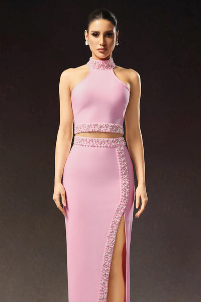 Fenby Halter Kolsuz Yırtmaçlı Bandaj Uzun Elbise