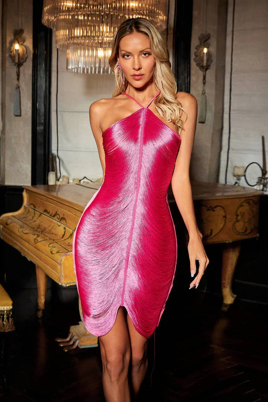 Bluma Halter Yaka Saçaklı Mini Elbise Sıcak Pembe