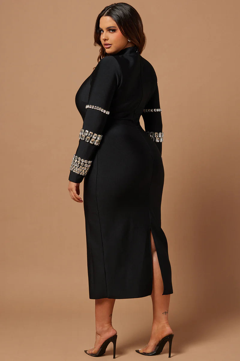 Hillary Elmas Taşlı Bandaj Midi Elbise