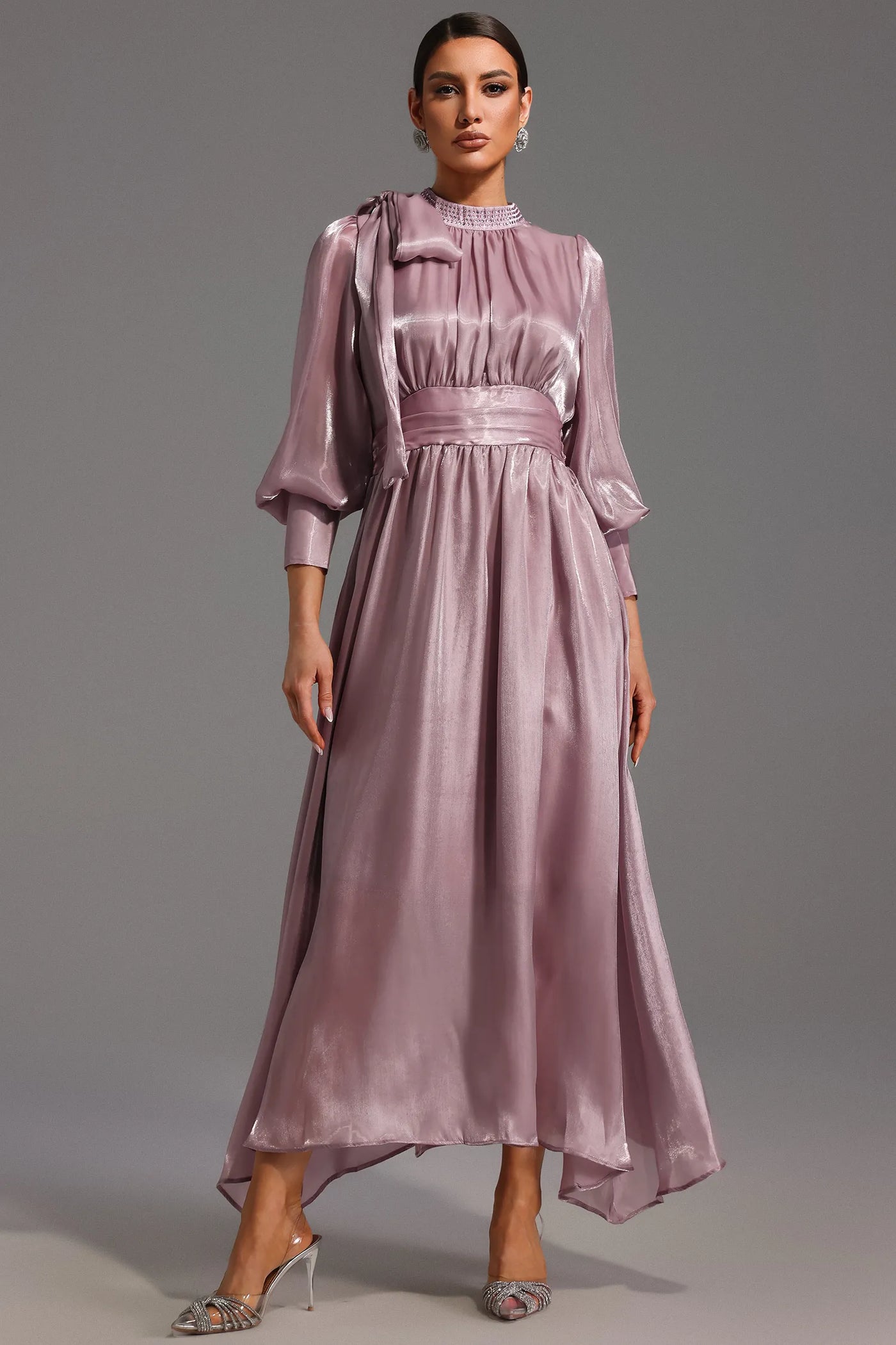 Jenny Uzun Kollu Bağcıklı Fiyonklu Elmas Maxi Elbise