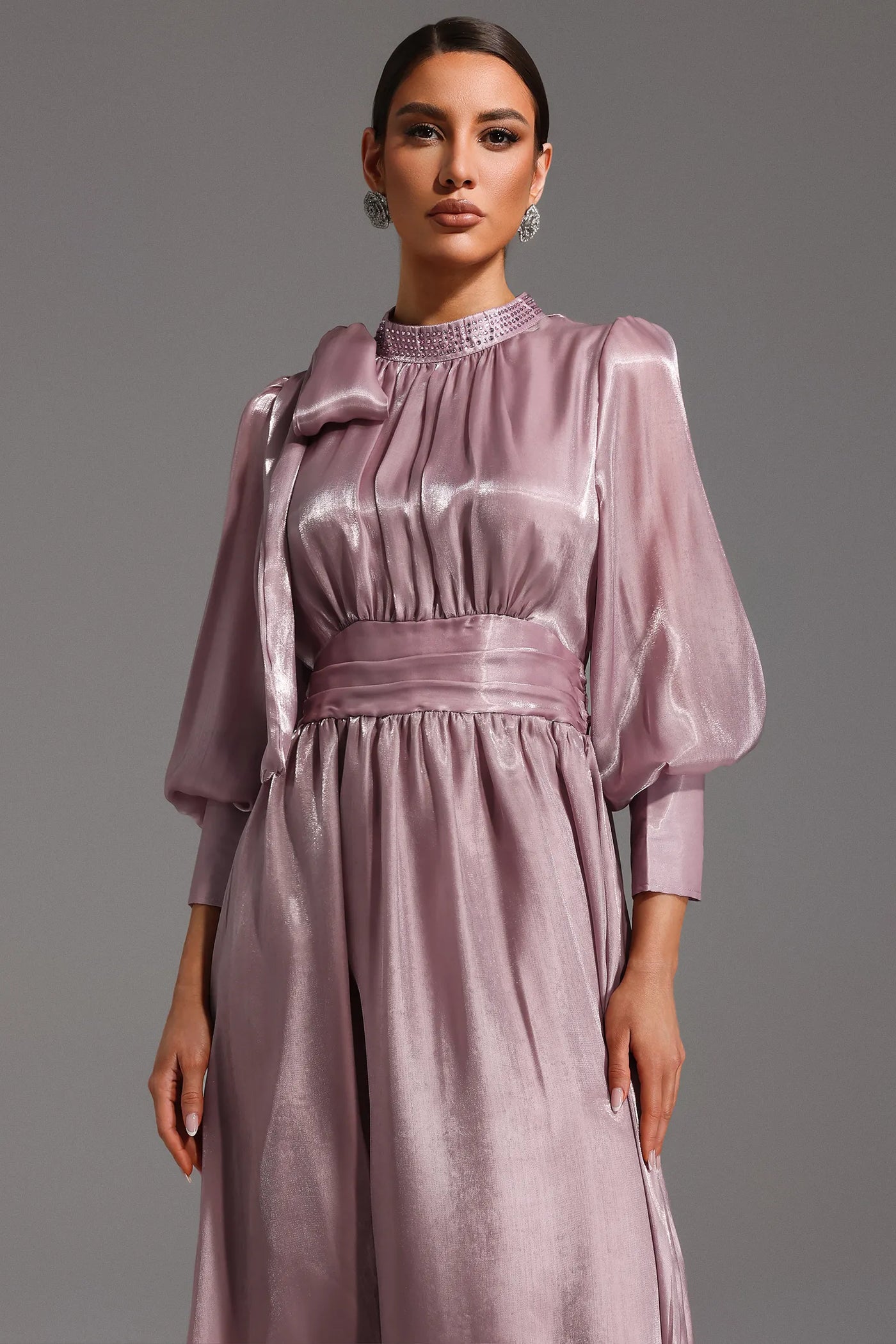 Jenny Uzun Kollu Bağcıklı Fiyonklu Elmas Maxi Elbise