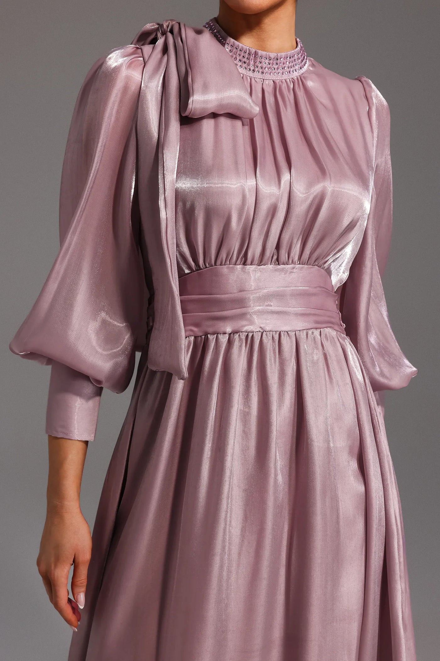 Jenny Uzun Kollu Bağcıklı Fiyonklu Elmas Maxi Elbise