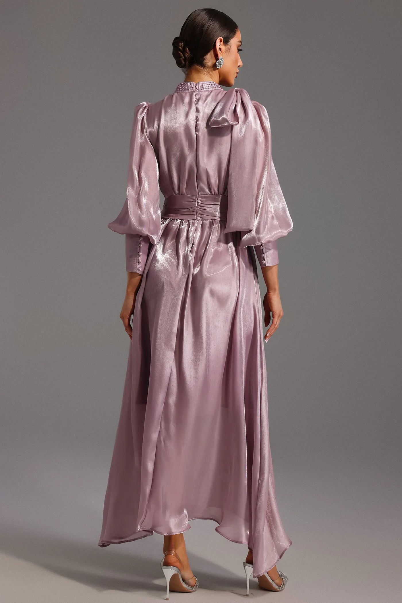 Jenny Uzun Kollu Bağcıklı Fiyonklu Elmas Maxi Elbise