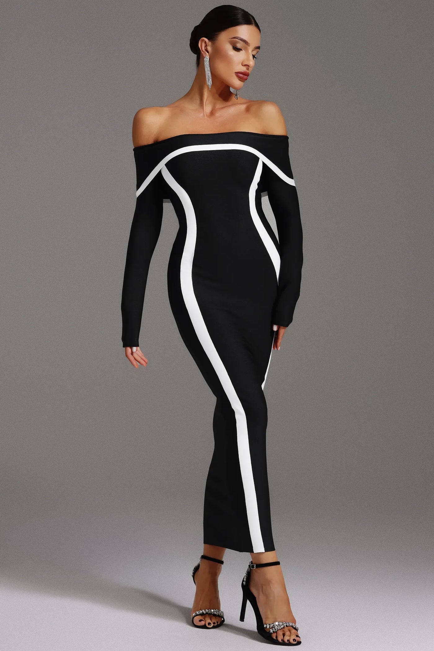 Hilda Omuz Açık Uzun Kollu Maksi Elbise