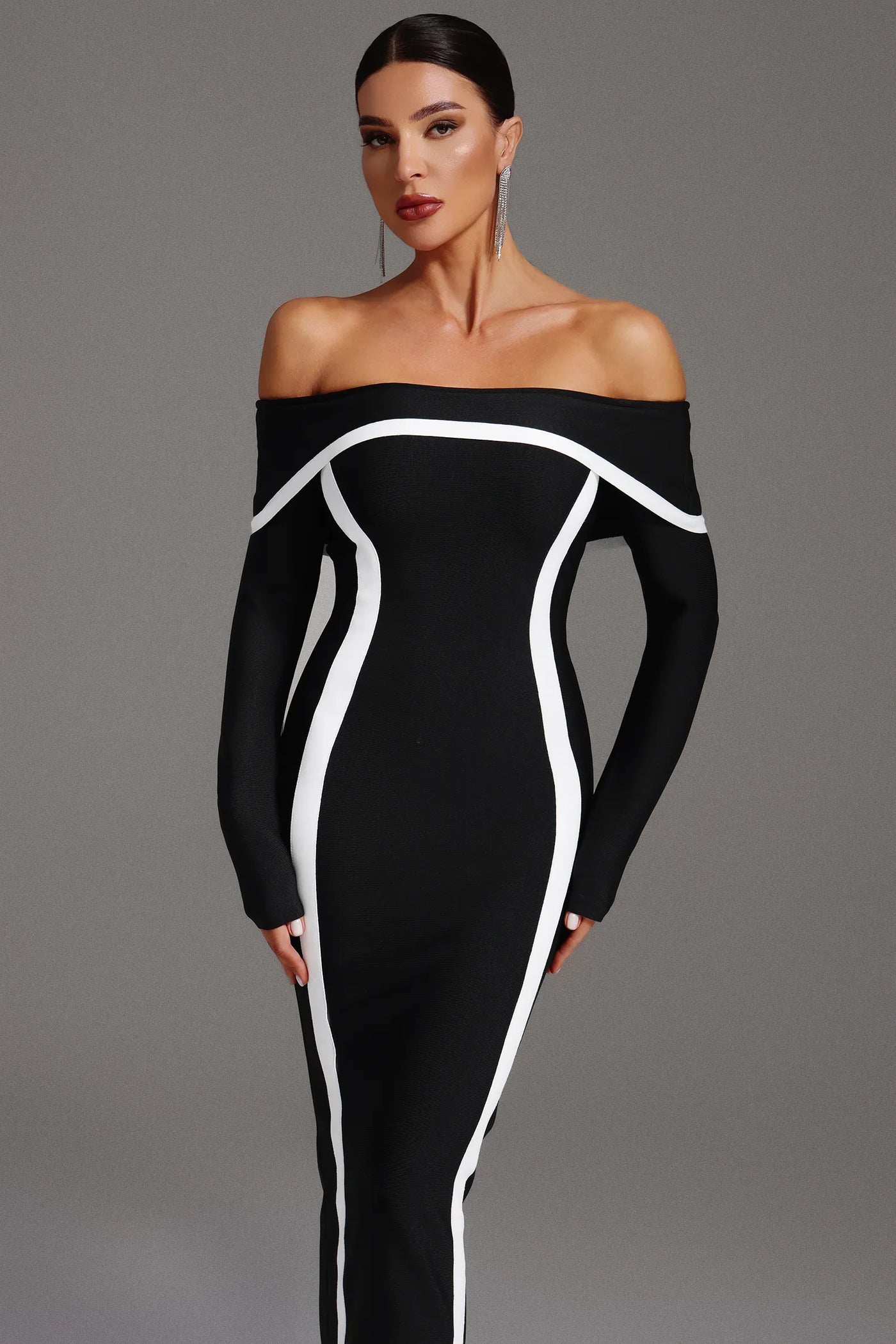 Hilda Omuz Açık Uzun Kollu Maksi Elbise