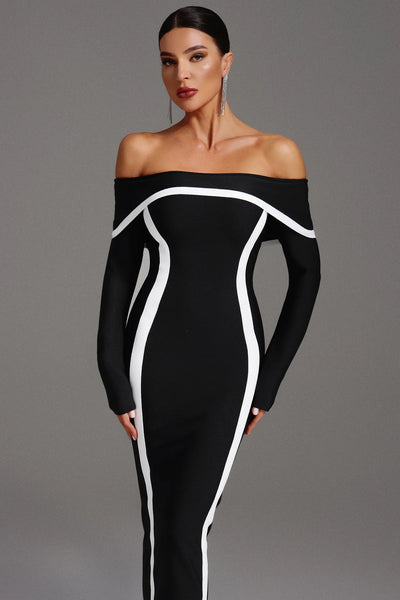 Hilda Omuz Açık Uzun Kollu Maksi Elbise