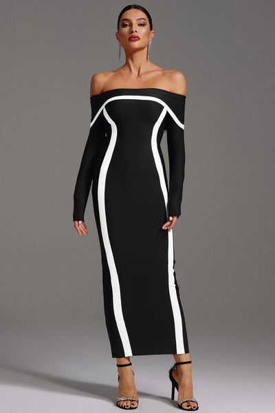 Hilda Omuz Açık Uzun Kollu Maksi Elbise