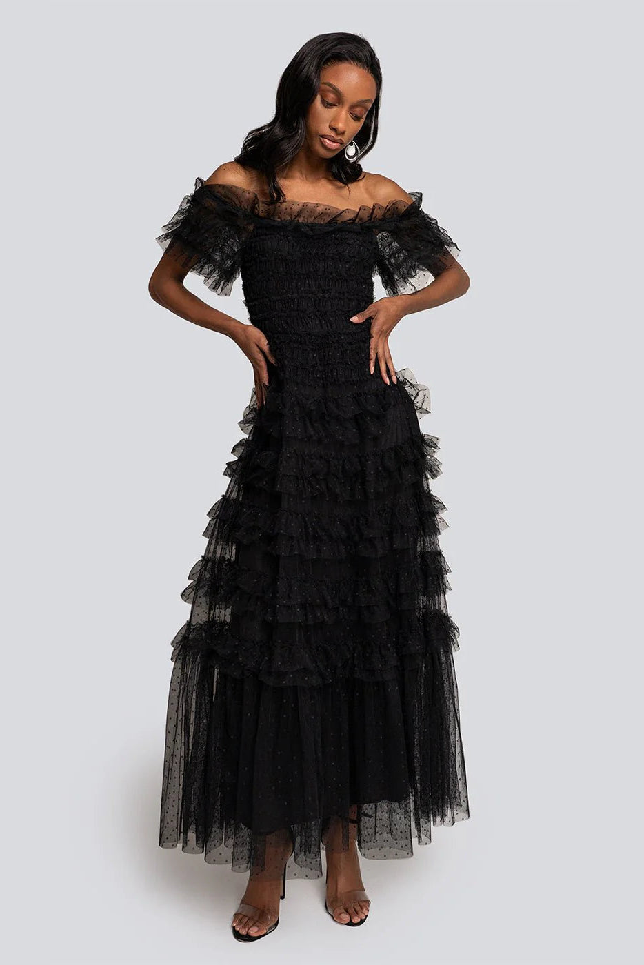 ERIKA POLKA TÜL KATLI UZUN ELBİSE