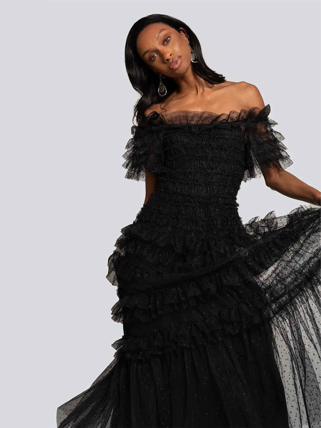 ERIKA POLKA TÜL KATLI UZUN ELBİSE