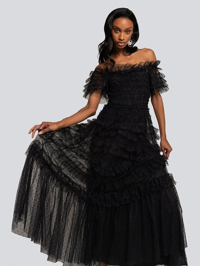 ERIKA POLKA TÜL KATLI UZUN ELBİSE