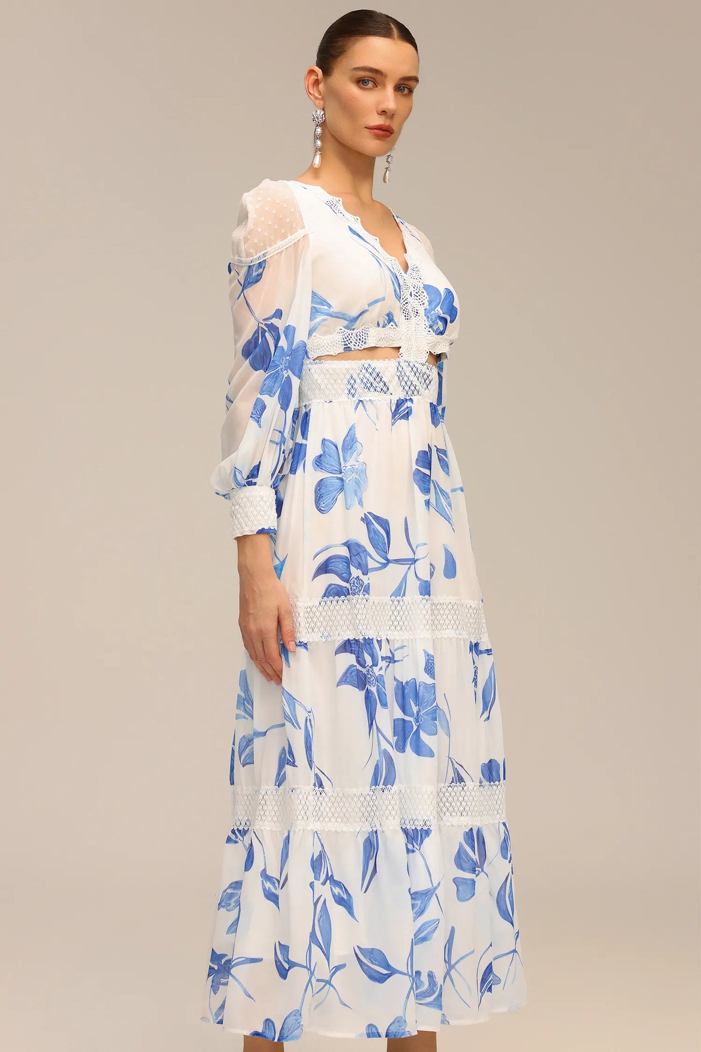 Mitra Çiçek Baskılı Hollow Out Maxi Elbise