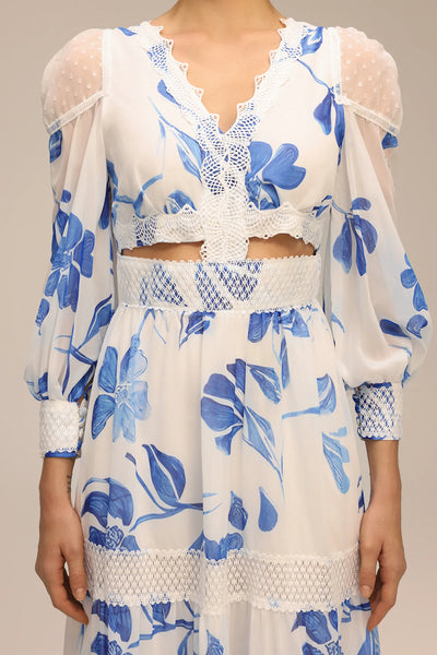 Mitra Çiçek Baskılı Hollow Out Maxi Elbise