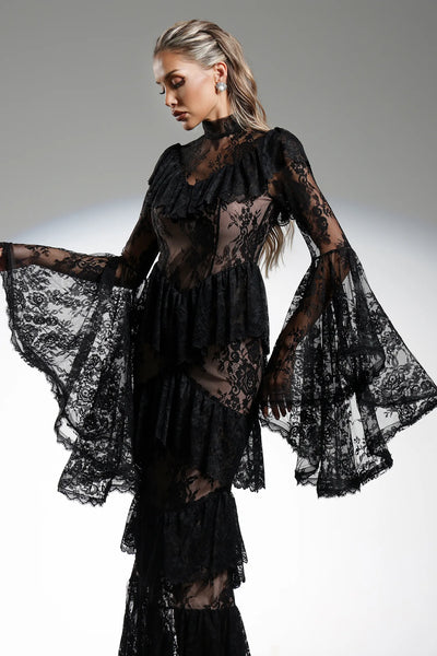 Malvina Volanlı Dantel Uzun Elbise