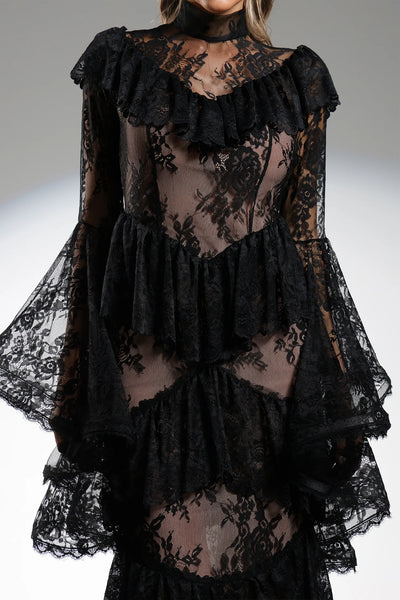 Malvina Volanlı Dantel Uzun Elbise