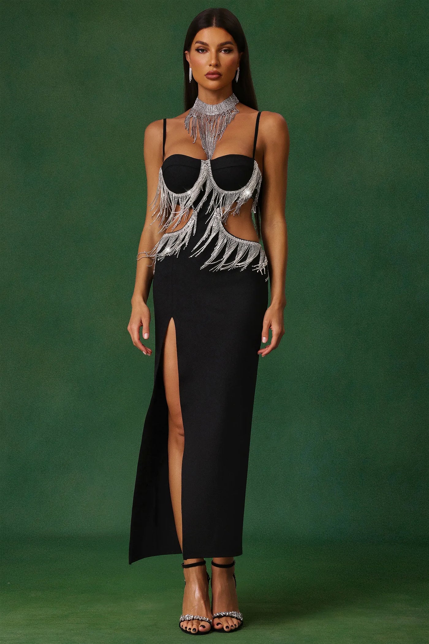 Jerlyn Elmas Püsküllü Yırtmaçlı Bandaj Uzun Elbise