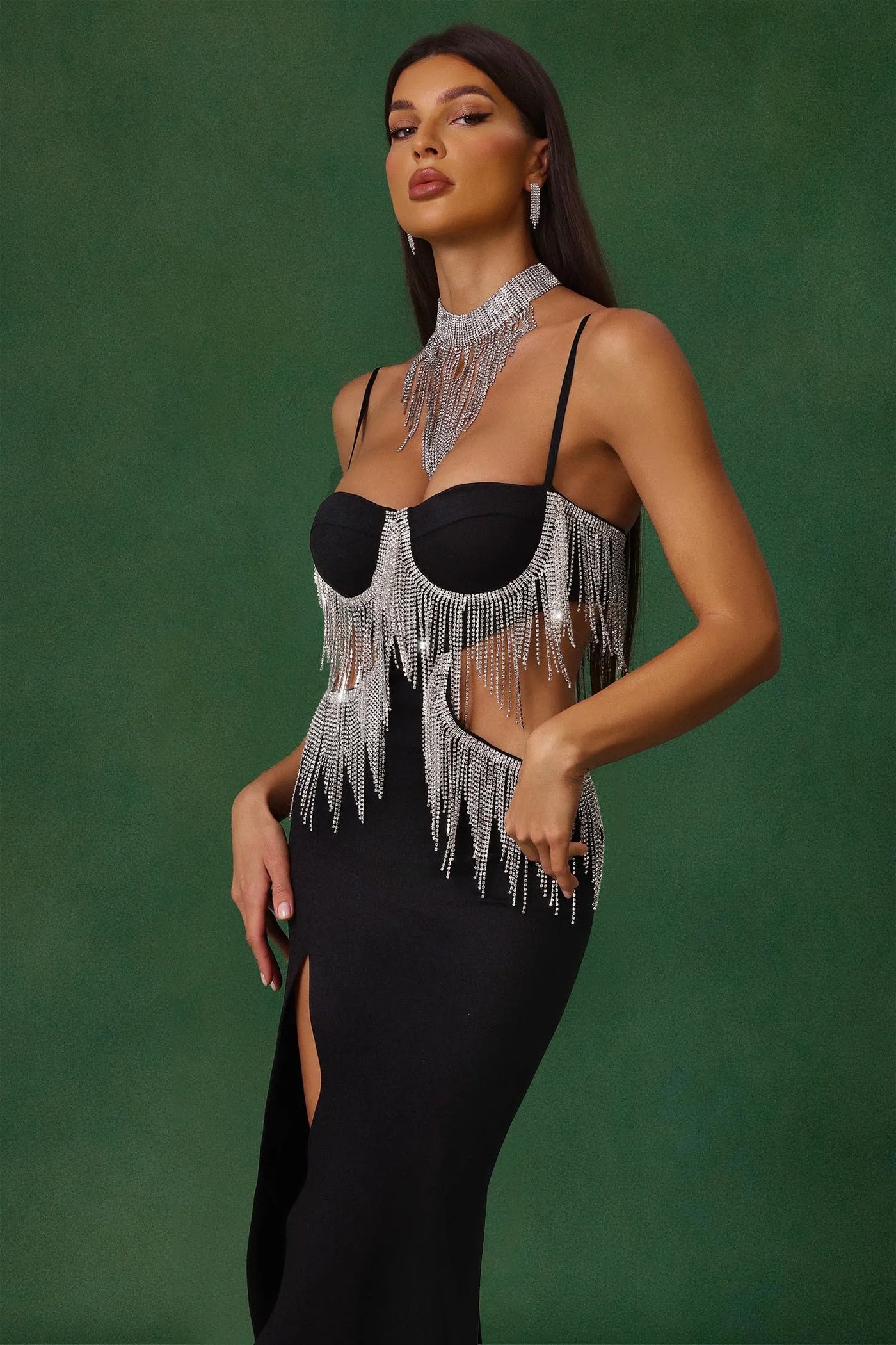 Jerlyn Elmas Püsküllü Yırtmaçlı Bandaj Uzun Elbise