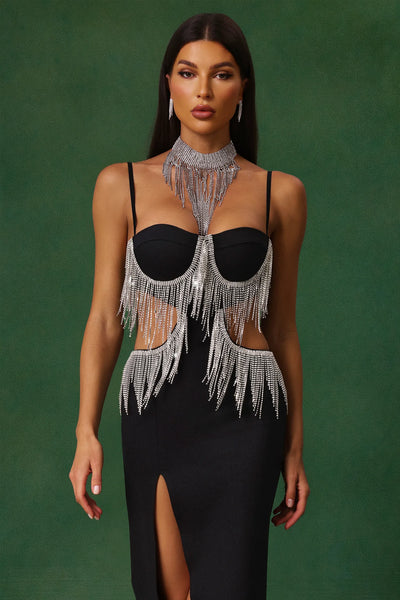 Jerlyn Elmas Püsküllü Yırtmaçlı Bandaj Uzun Elbise