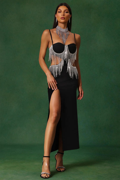 Jerlyn Elmas Püsküllü Yırtmaçlı Bandaj Uzun Elbise