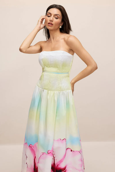 Hermosa Straplez Çiçek Desenli Uzun Elbise