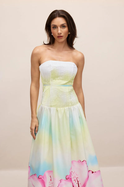 Hermosa Straplez Çiçek Desenli Uzun Elbise