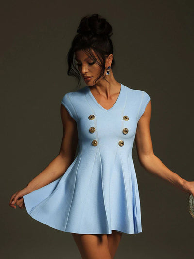 Tameron V Yaka Düğmeli Örme Mini Mavi Elbise