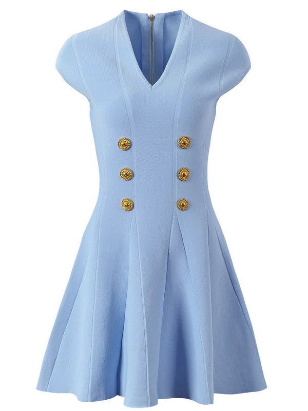 Tameron V Yaka Düğmeli Örme Mini Mavi Elbise