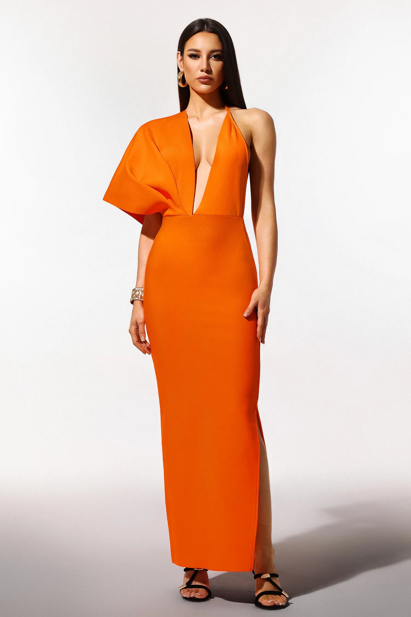 Inya Tek Omuzlu V Yaka Yırtmaçlı Bandaj Uzun Elbise