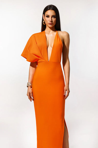 Inya Tek Omuzlu V Yaka Yırtmaçlı Bandaj Uzun Elbise