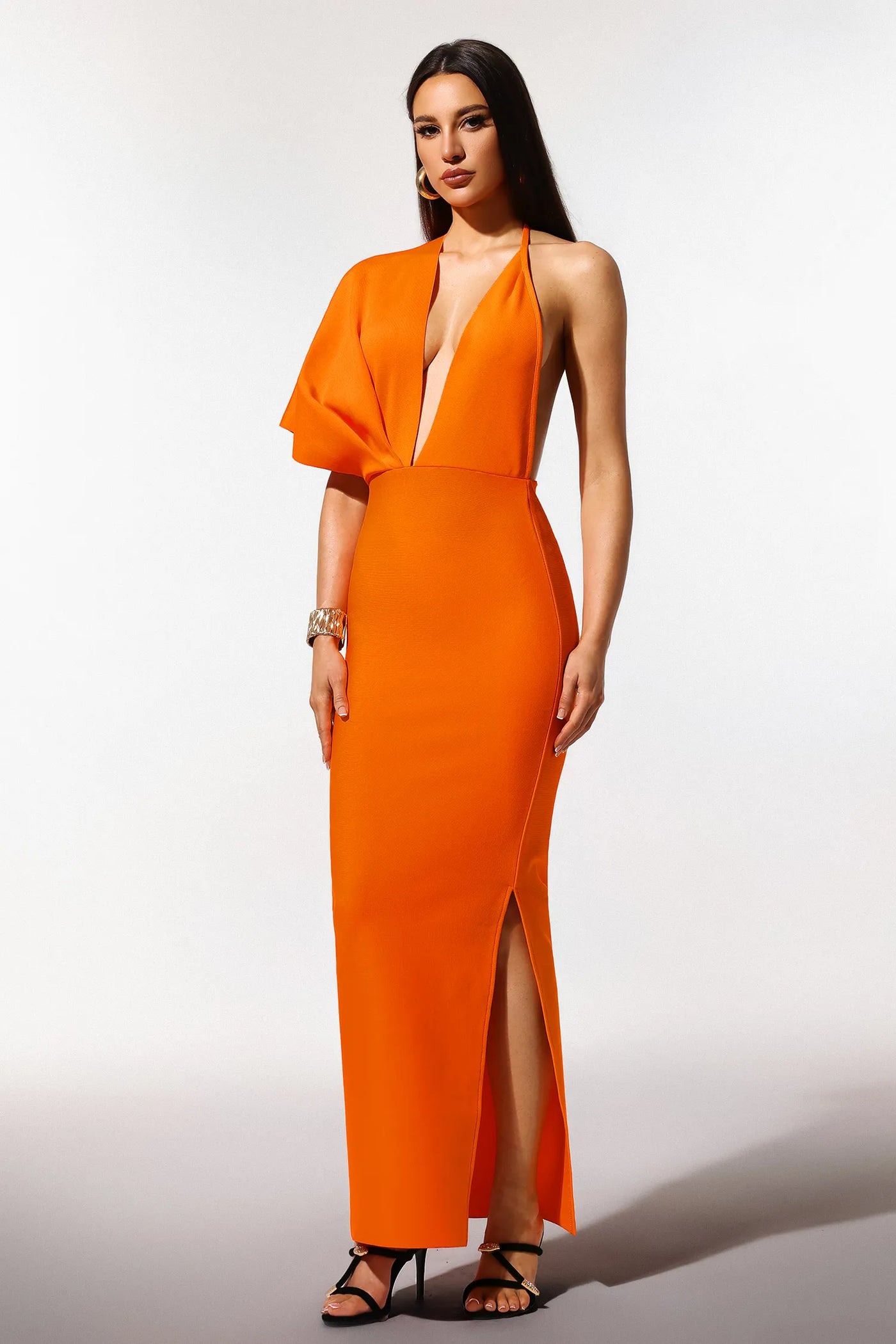 Inya Tek Omuzlu V Yaka Yırtmaçlı Bandaj Uzun Elbise