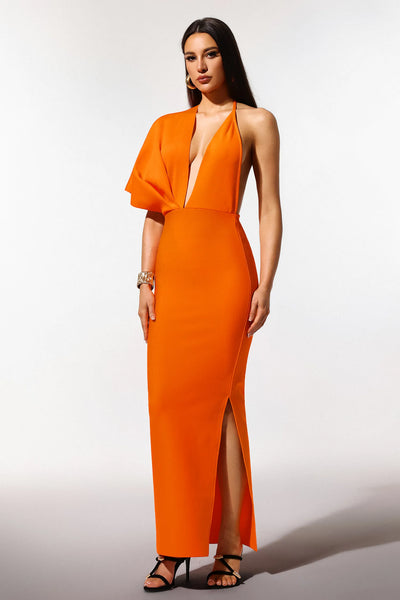 Inya Tek Omuzlu V Yaka Yırtmaçlı Bandaj Uzun Elbise