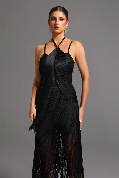 Kivi Bandaj Boyundan Bağlamalı Püsküllü Maxi Elbise