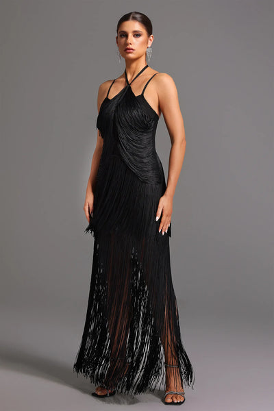 Kivi Bandaj Boyundan Bağlamalı Püsküllü Maxi Elbise