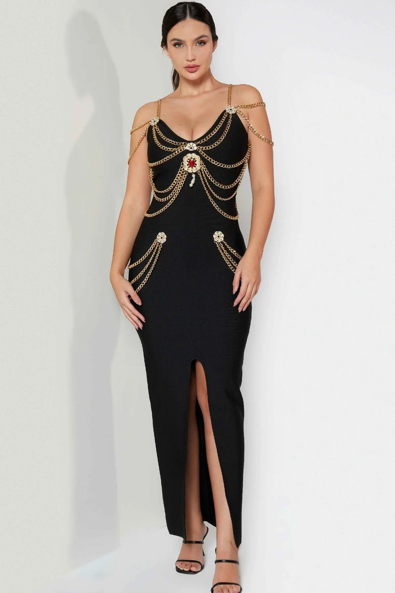 Metal Süslemeli Siyah Uzun Elbise