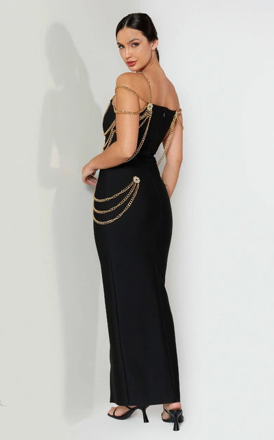 Metal Süslemeli Siyah Uzun Elbise
