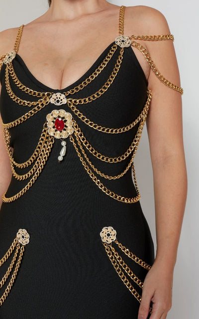 Metal Süslemeli Siyah Uzun Elbise