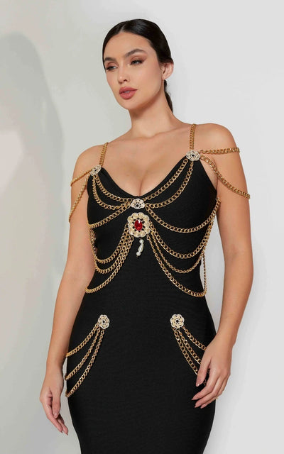 Metal Süslemeli Siyah Uzun Elbise