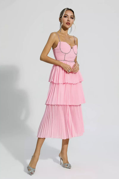 Meredith Pembe Elmas Kıvrımlı Midi Elbise