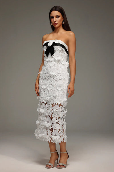 Mio Straplez Dantel Çiçekli Uzun Elbise