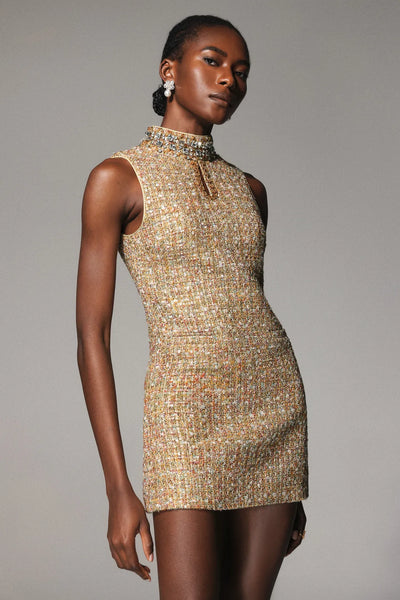 Orta Yaka Kolsuz Tweed Mini Elbise