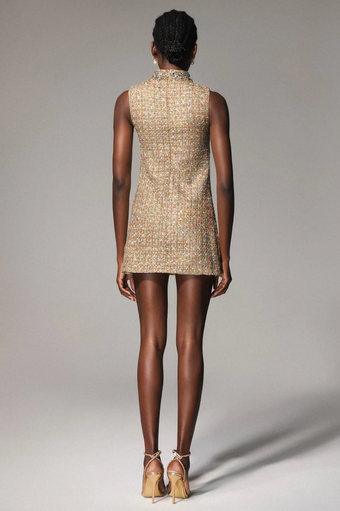 Orta Yaka Kolsuz Tweed Mini Elbise