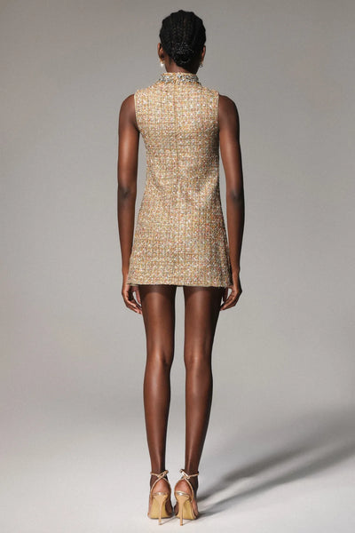 Orta Yaka Kolsuz Tweed Mini Elbise