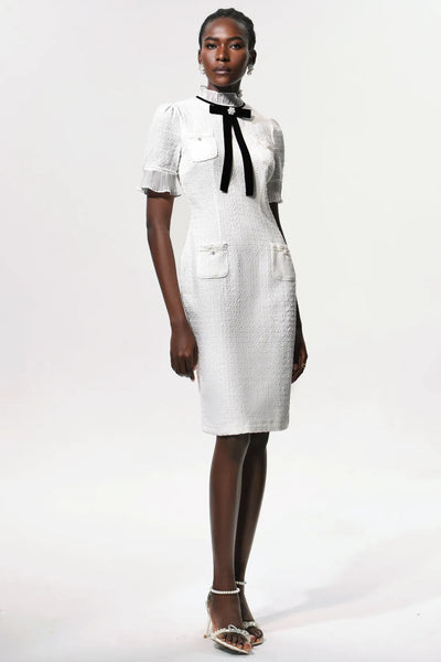 Vedasa Fiyonk İnci Düğmeli Tweed Midi Elbise