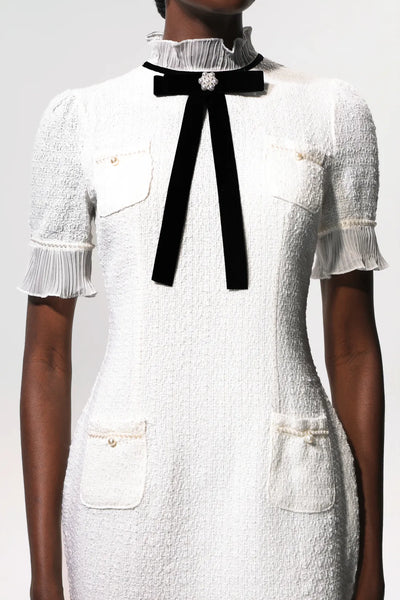 Vedasa Fiyonk İnci Düğmeli Tweed Midi Elbise