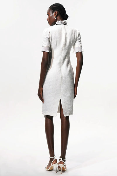 Vedasa Fiyonk İnci Düğmeli Tweed Midi Elbise