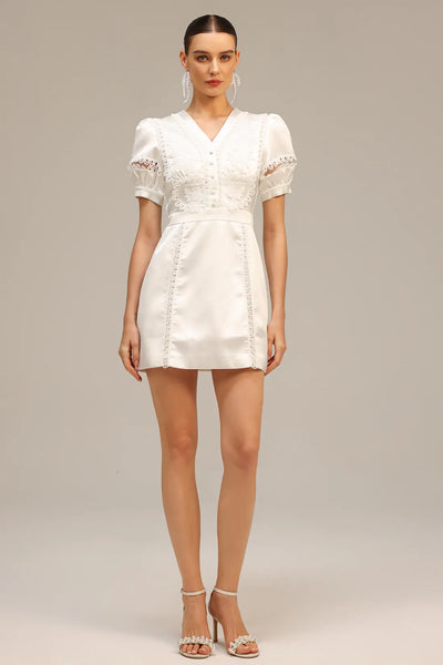 Edwina V Yaka Puf Kollu Mini Elbise