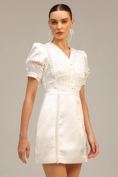 Edwina V Yaka Puf Kollu Mini Elbise